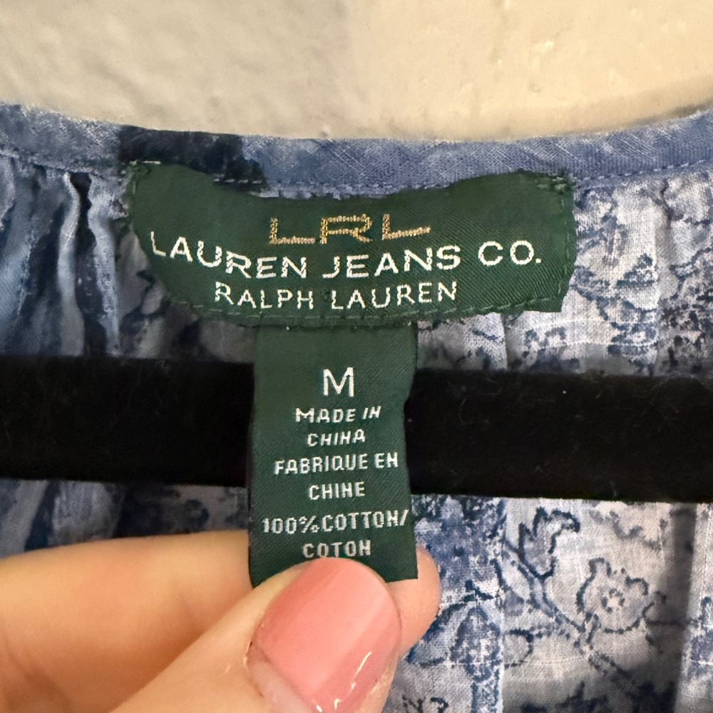 Lauren Ralph Lauren Blue Patchwork Cotton Peasant Blouse Women Medium Boho Indie - Picture 3 of 7